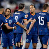 Het Nederlands elftal viert een doelpunt