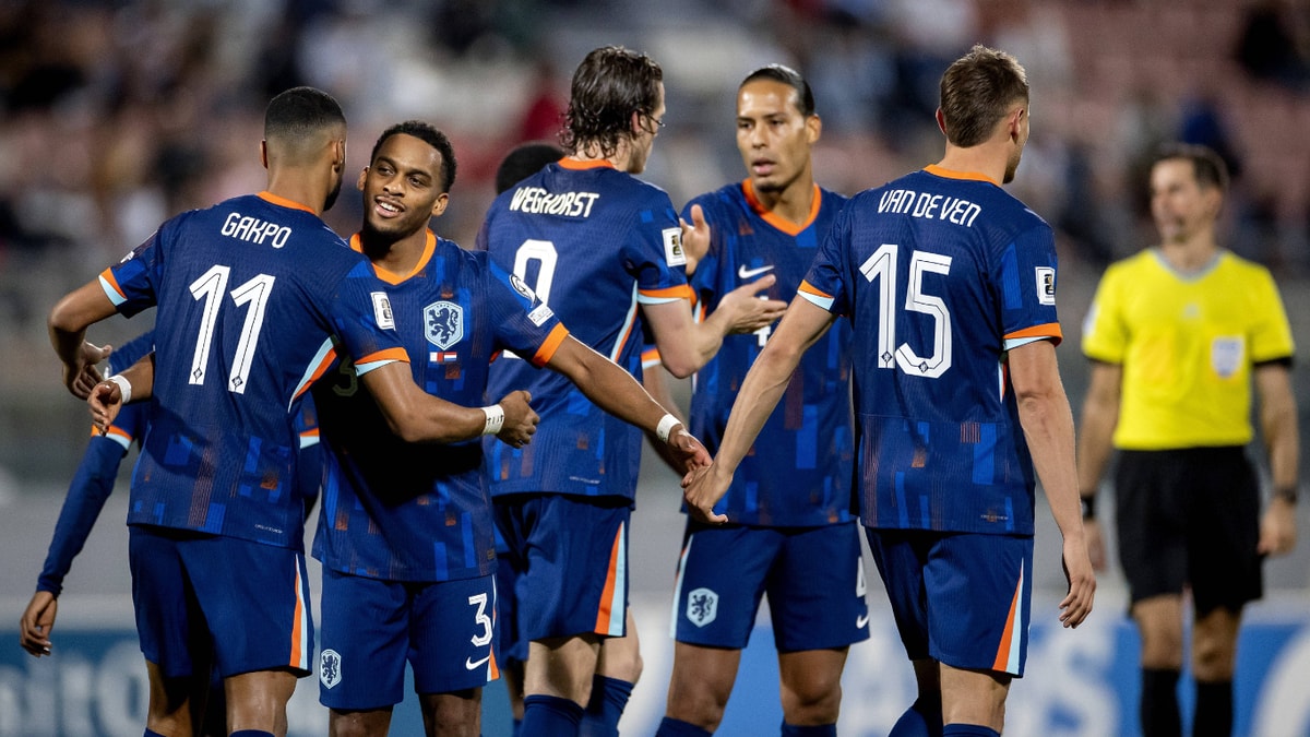 Het Nederlands elftal viert een doelpunt