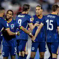 Het Nederlands elftal viert een doelpunt