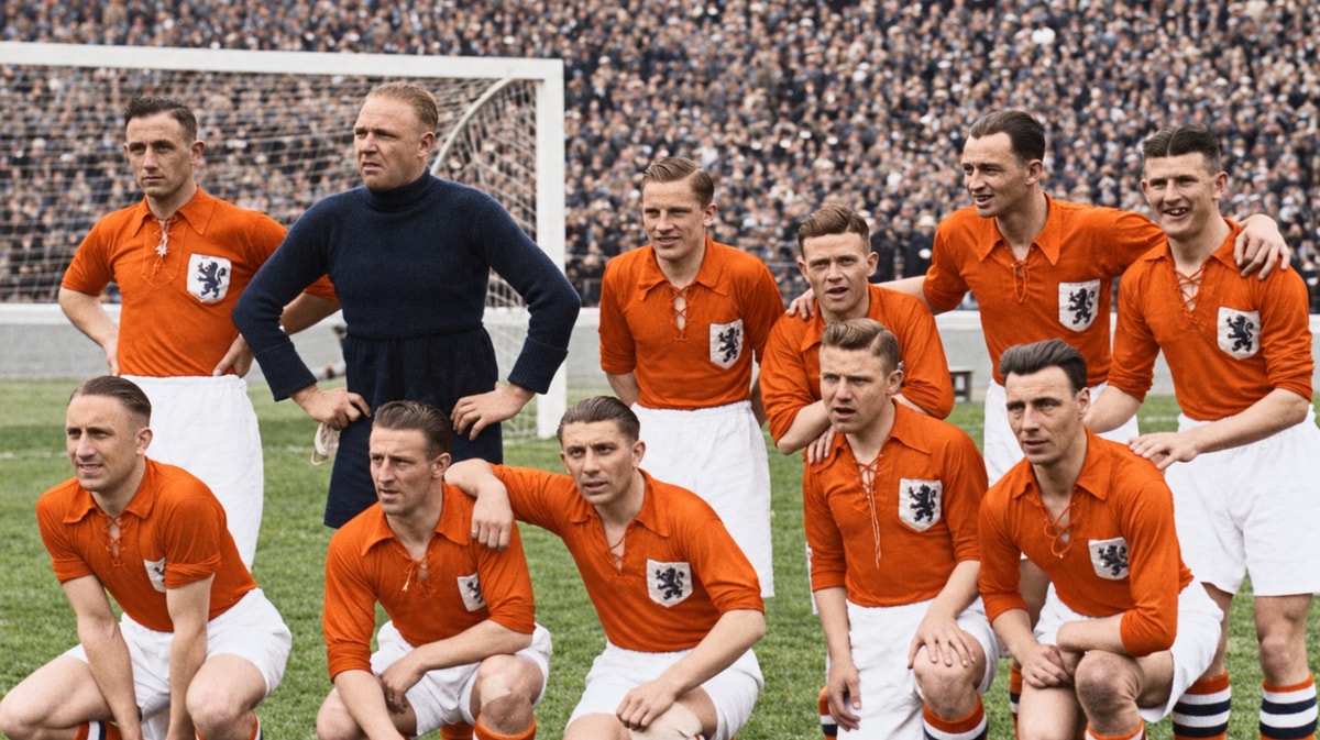 Het Nederlands elftal in 1935, met Puck van Heel onderin in het midden.