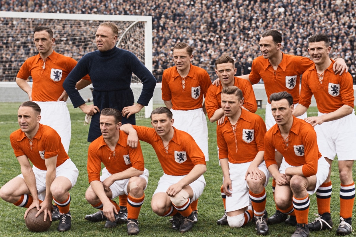 Het Nederlands elftal in 1935, met Puck van Heel onderin in het midden.