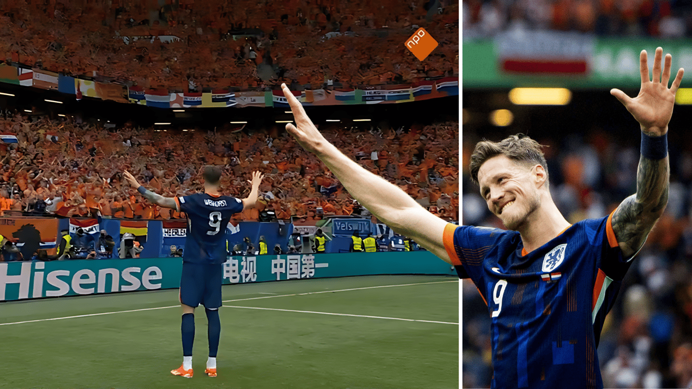 Wout Weghorst viert feest na de 1-2 zege van Nederland op Polen