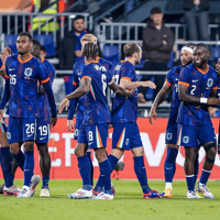 De rugnummers van Het Nederlands elftal viert een doelpunthet Nederlands elftal op het EK in Duitsland.