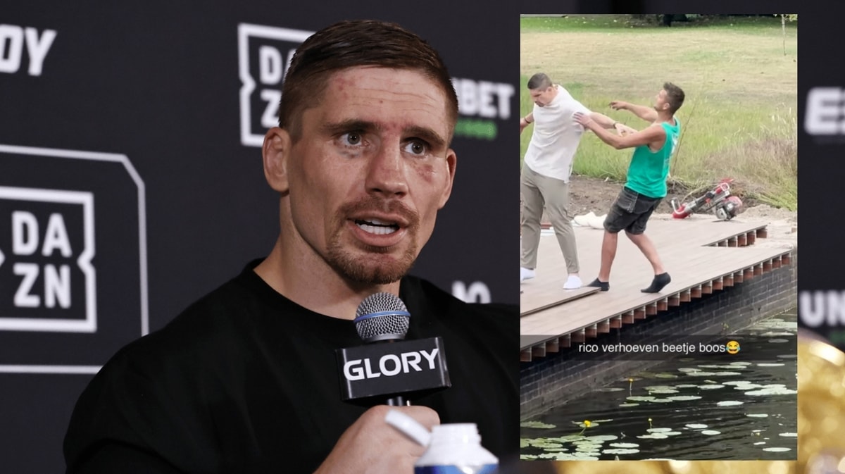 Rico Verhoeven duwt arbeider in water