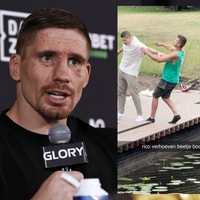 Rico Verhoeven duwt arbeider in water