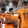 Het Nederlands elftal viert een doelpunt