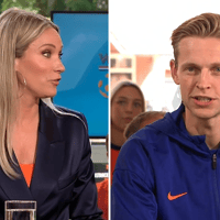 Helene Hendriks en Frenkie de Jong bij het SBS 6-programma Wij houden van Oranje.