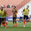 Het Nederlands elftal tijdens de warming-up