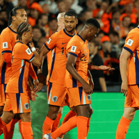 Het Nederlands elftal viert een doelpunt