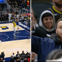 Stephen Curry juicht na driepunter Quinten Post