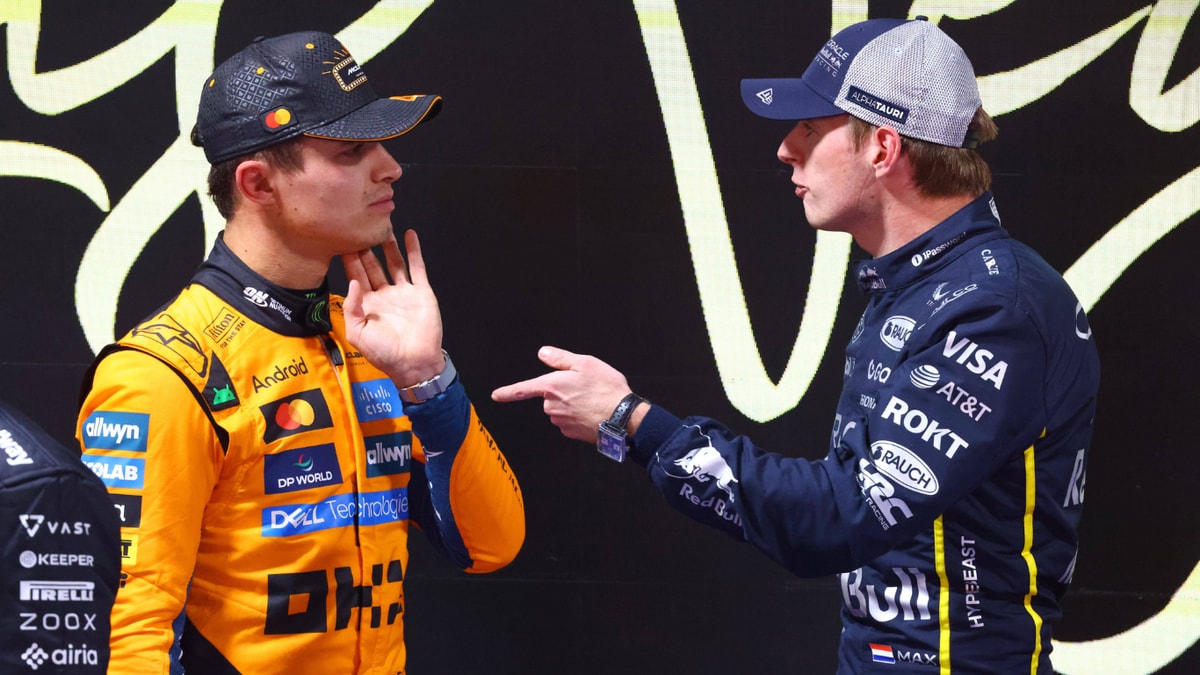 Max Verstappen in gesprek met Lando Norris