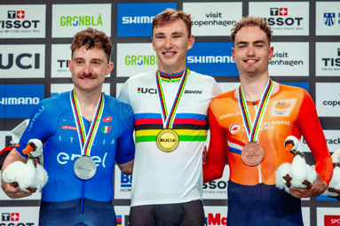 Simone Consonni , Lindsay de Vylder en Yanne Dorenbos op het WK baanwielrennen