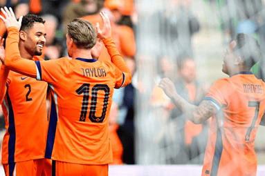 Devyne Rensch viert een doelpunt met Kenneth Taylor
