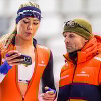 Jutta Leerdam met haar trainer Kosta Poltavets 