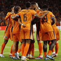 Het Nederlands elftal viert een doelpunt