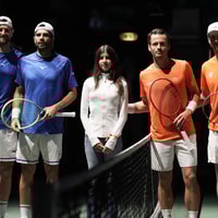 Andrea Vavassori, Simone Bolelli, Wesley Koolhof, Botic van de Zandschulp tijdens de Davis Cup Finals