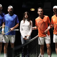 Andrea Vavassori, Simone Bolelli, Wesley Koolhof, Botic van de Zandschulp tijdens de Davis Cup Finals