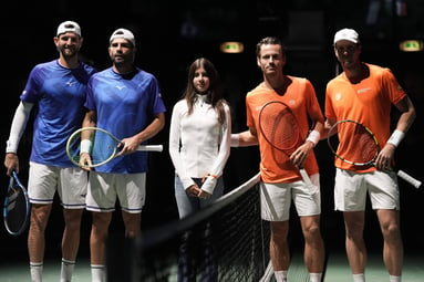 Andrea Vavassori, Simone Bolelli, Wesley Koolhof, Botic van de Zandschulp tijdens de Davis Cup Finals