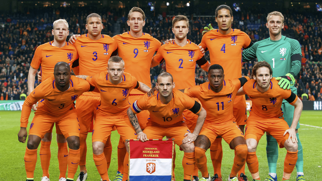 Het Nederlands elftal voorafgaand aan een oefeninterland tegen Frankrijk in 2016