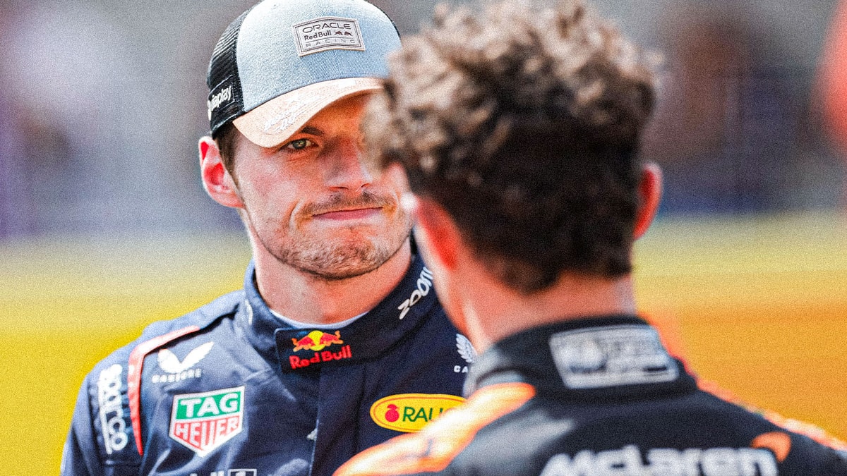 Max Verstappen in gesprek met Lando Norris