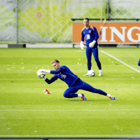 De doelmannen van het Nederlands elftal tijdens de training