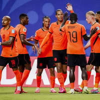 Het Nederlands elftal viert een doelpunt