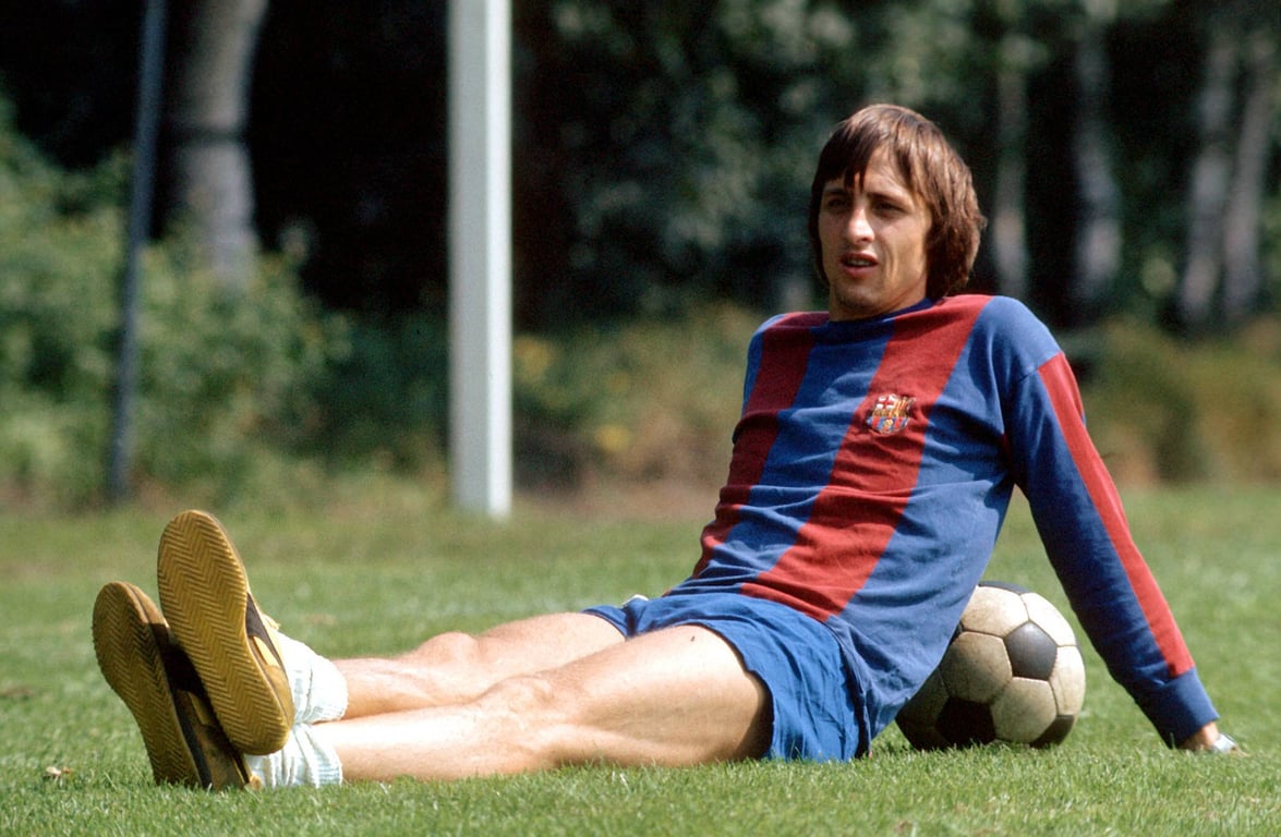 Johan Cruijff in augustus 1974 tijdens een training van FC Barcelona.