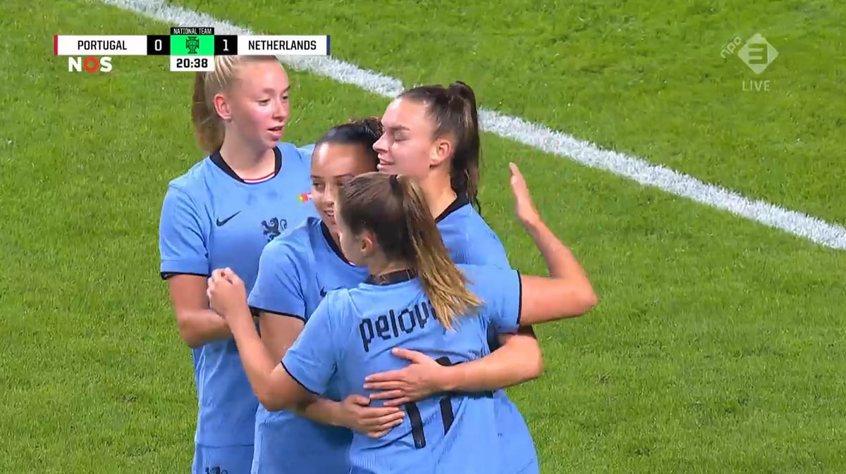 De Oranje Leeuwinnen vieren een doelpunt