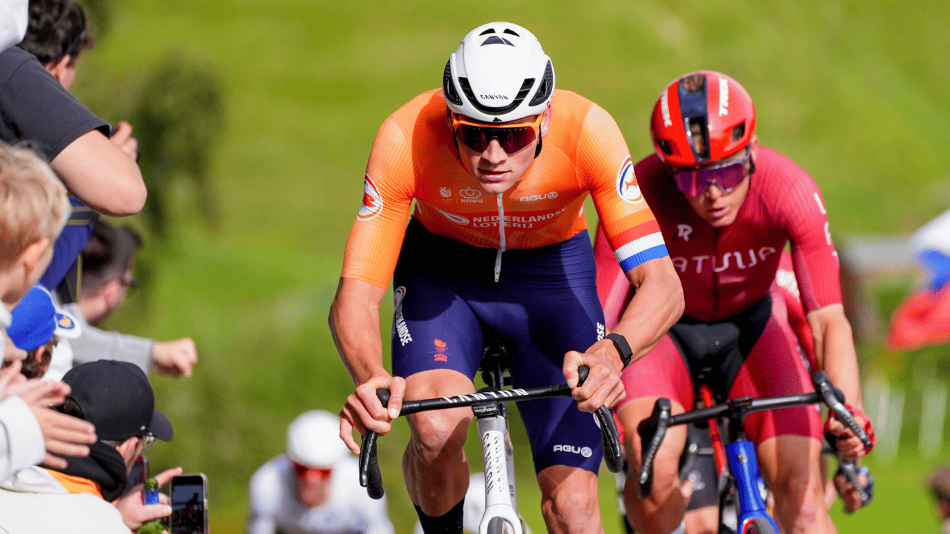 Mathieu van der Poel bij het WK op de weg in Zwitserland