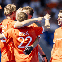 De Nederlandse hockeymannen tijdens de olympische finale in Parijs