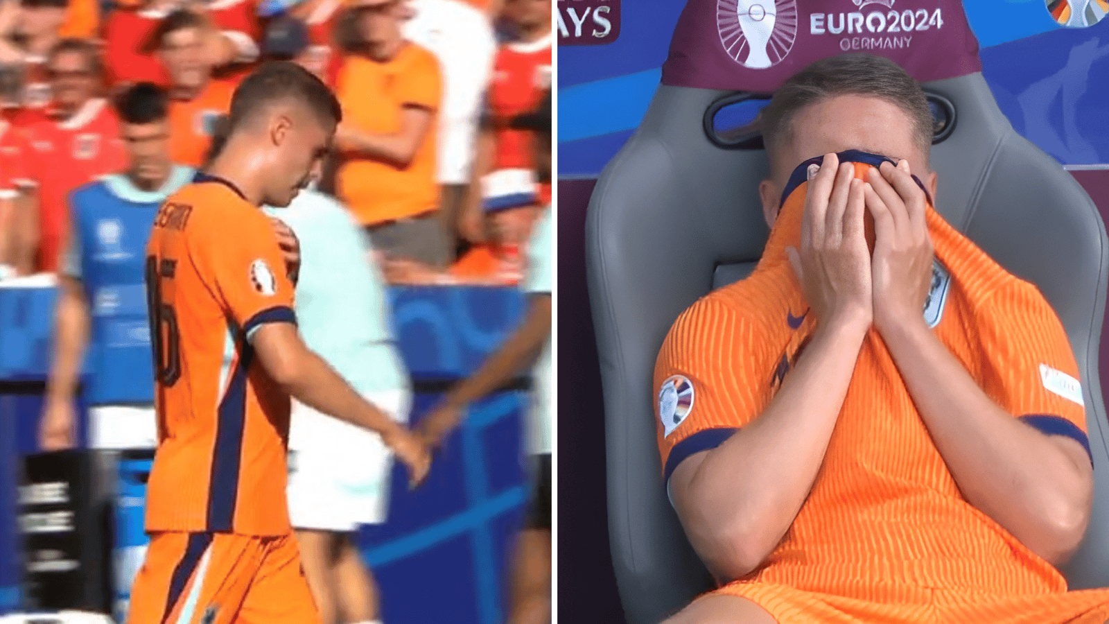 Joey Veerman is teleurgesteld na zijn wissel tegen Oostenrijk
