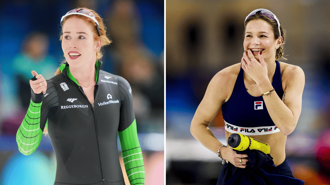 Antoinette Rijpma-de Jong en Angel Daleman tijdens het kwalificatietoernooi voor de wereldbekers (WCKT) in Thialf