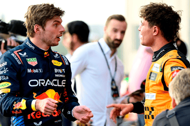 Max Verstappen in gesprek met Lando Norris 