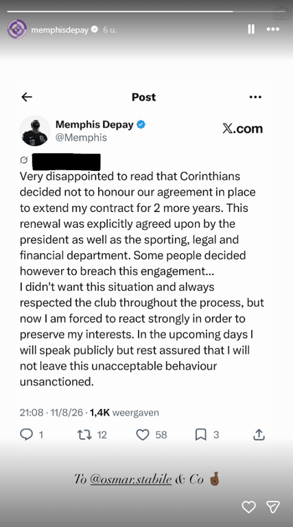 Memphis Depay kondigt juridische strijd aan na definitieve breuk met Corinthians