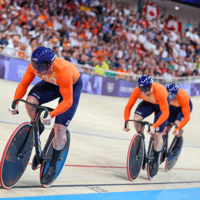 Roy van den Berg, Harrie Lavreysen, Jeffrey Hoogland, baanwielrennen, goud, Olympische Spelen, TeamNL, Parijs2024