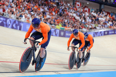 Roy van den Berg, Harrie Lavreysen, Jeffrey Hoogland, baanwielrennen, goud, Olympische Spelen, TeamNL, Parijs2024