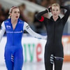 Merel Conijn rijdt tijdens het WCKT in Thialf in een volledig zwart pak zonder sponsors.
